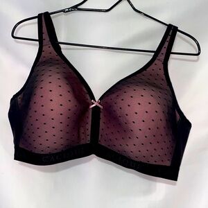 Cacique LIGHTLY LINED NO WIRE WO‎ SIZE 44C Sheer Black and Pink Dot Bra. CLEAN